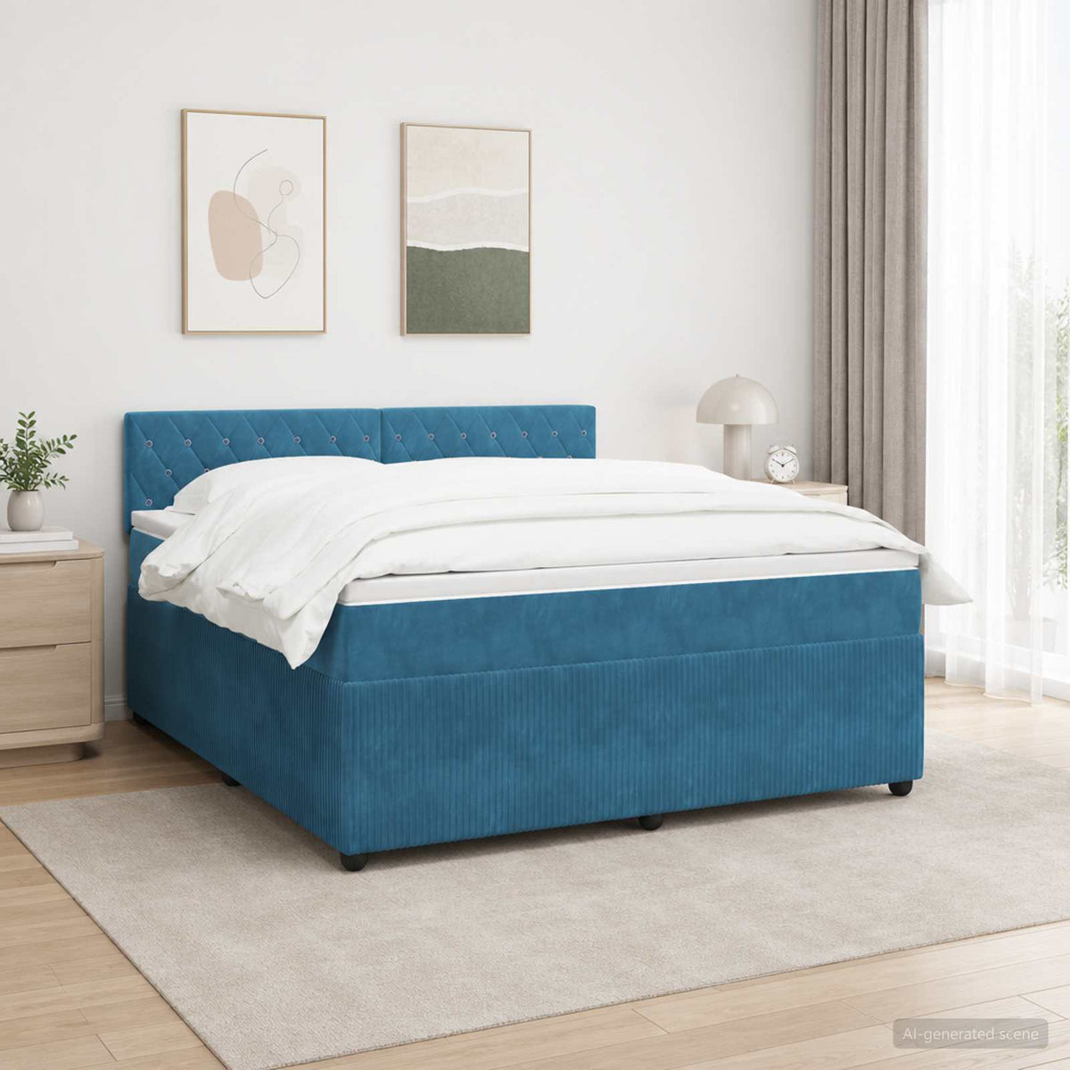 Boxmadras med topmadras med hovedgærde Blå 160 x 200 cm Fløjl