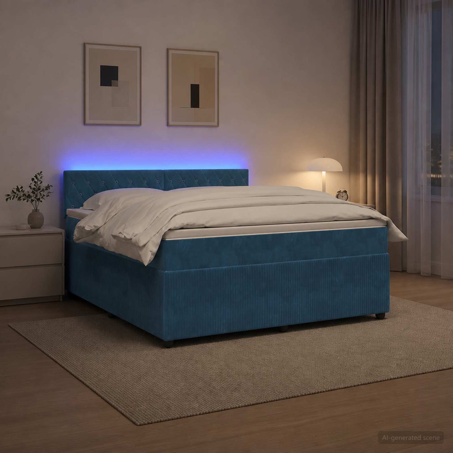 Boxmadras med topmadras med hovedgærde Blå 180 x 200 cm Fløjl