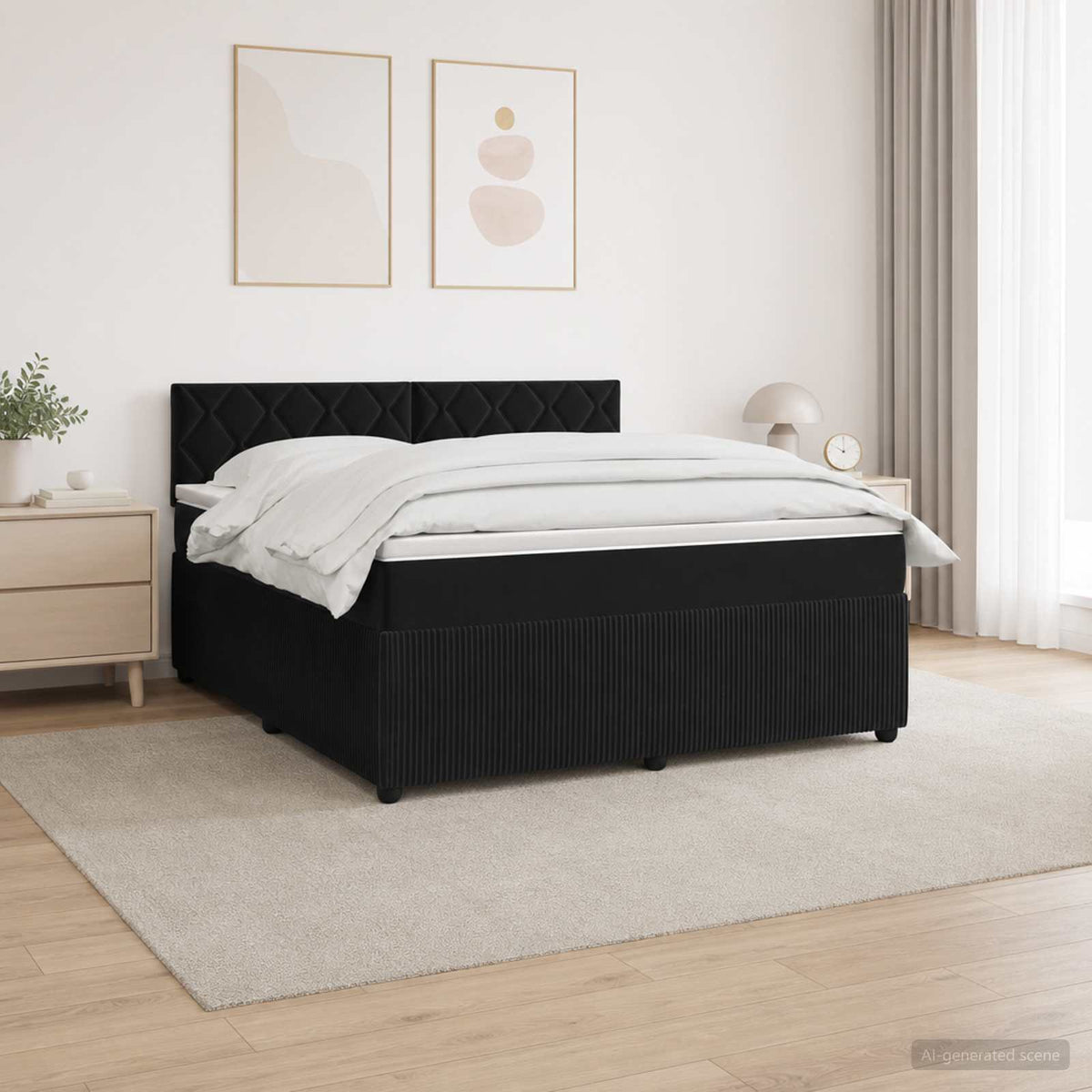 Boxmadras med topmadras med hovedgærde Sort 180 x 200 cm Fløjl