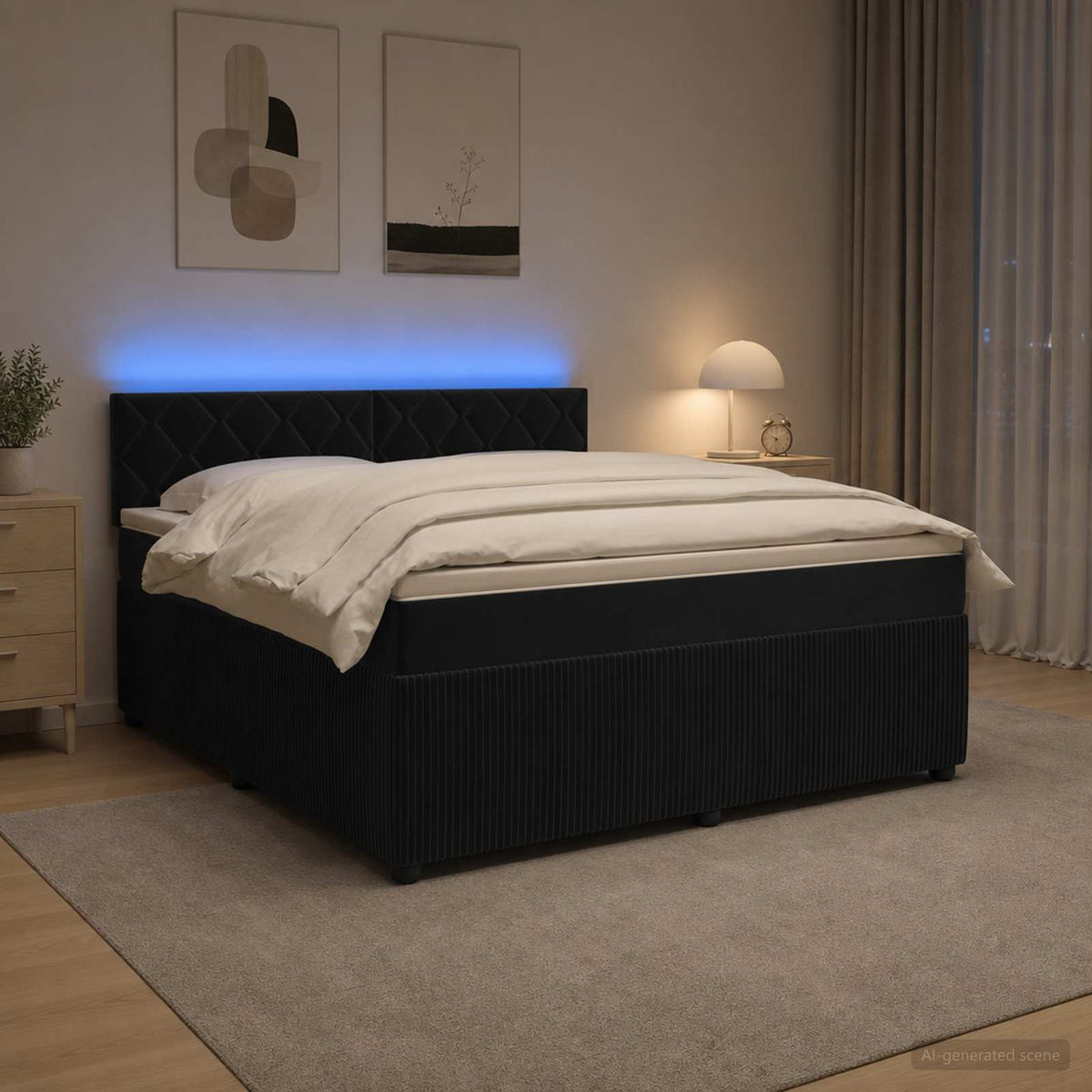 Boxmadras med topmadras med hovedgærde Sort 160 x 200 cm Fløjl
