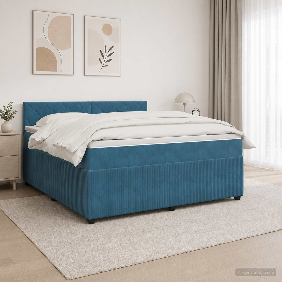Boxmadras med topmadras med hovedgærde Blå 160 x 200 cm Fløjl