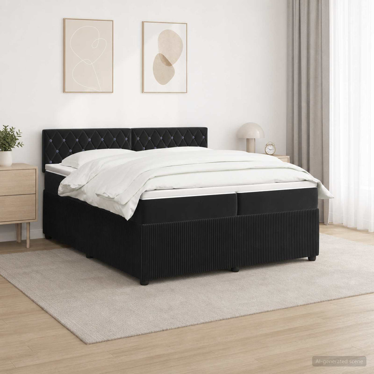 Boxmadras med topmadras med hovedgærde Sort 200 x 200 cm Fløjl