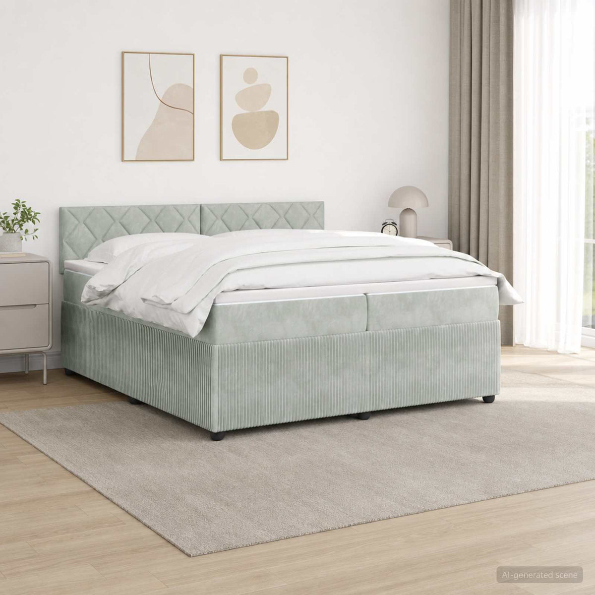 Boxmadras med topmadras Lysegrå 200 x 200 cm Fløjl