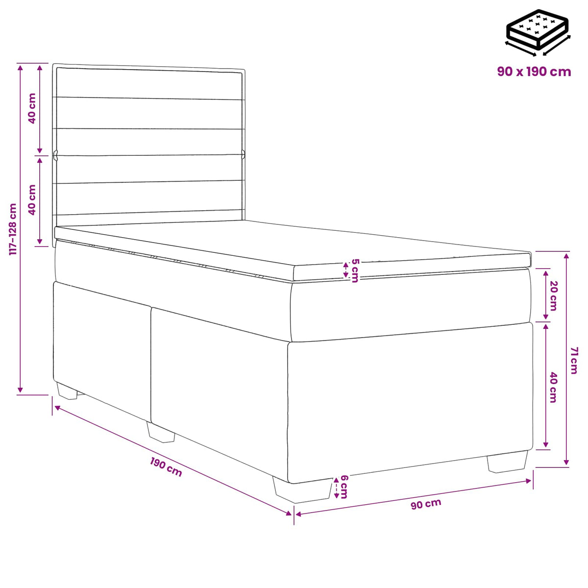 Boxmadras med topmadras Mørkegrå 90 x 190 cm Stof