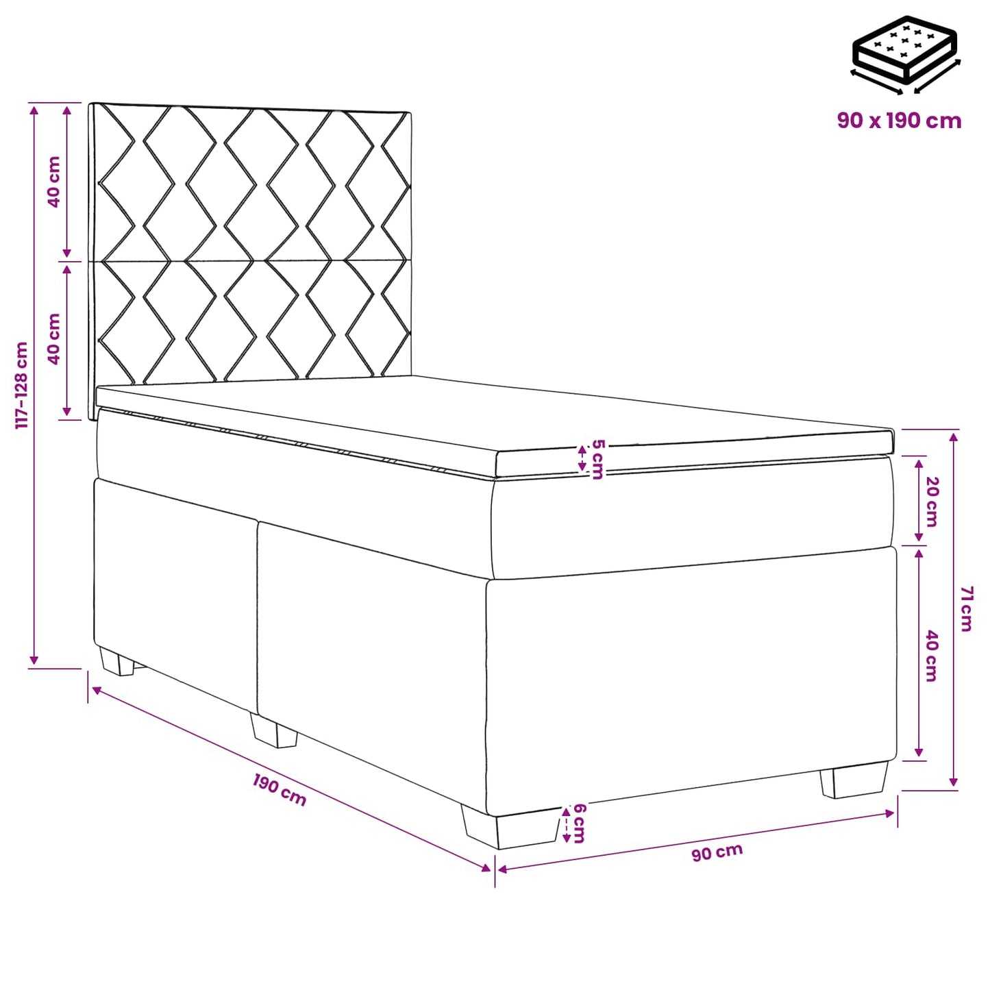 Boxmadras med topmadras med hovedgærde Blå 90 x 190 cm Stof
