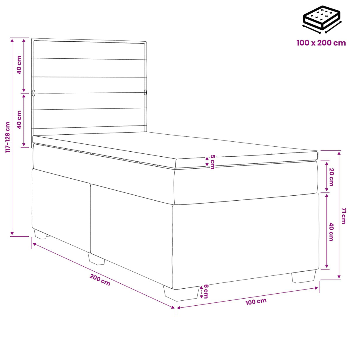 Boxmadras med topmadras Mørkegrå 100 x 200 cm Stof