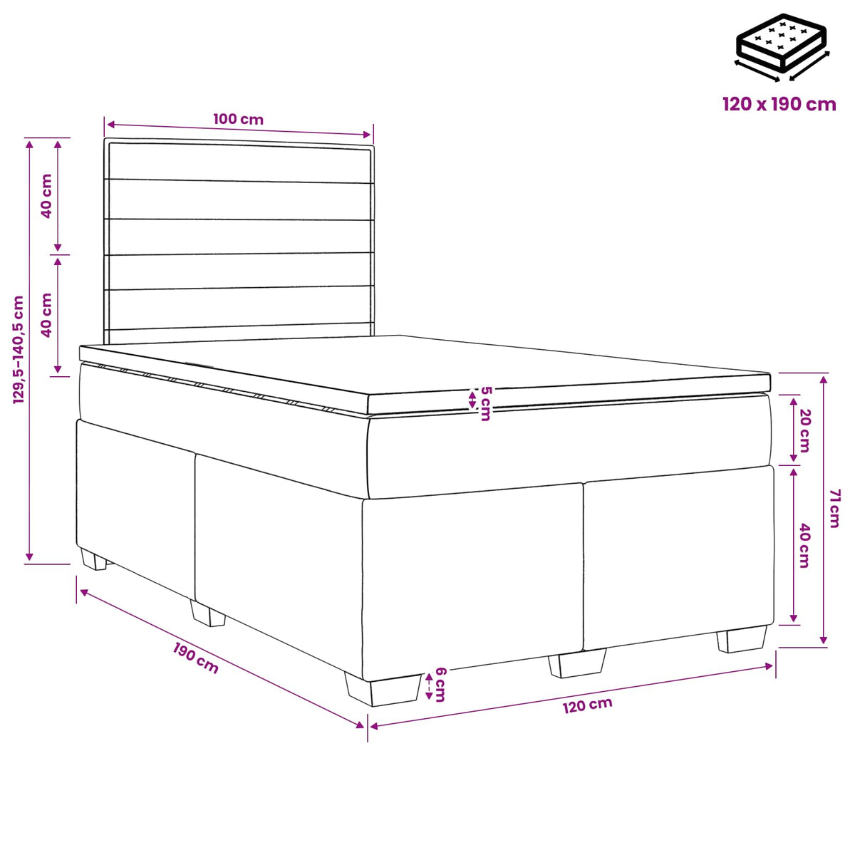 Boxmadras med topmadras Gråbrun 120 x 190 cm Stof