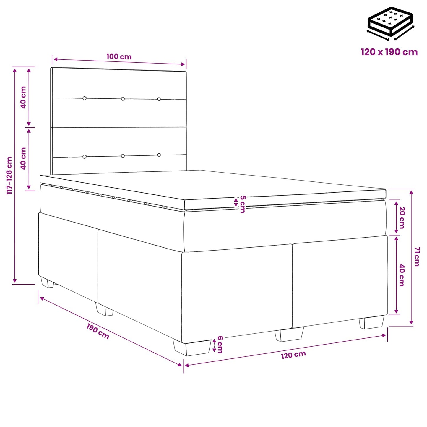 Boxmadras med topmadras Cremefarvet 120 x 190 cm Stof