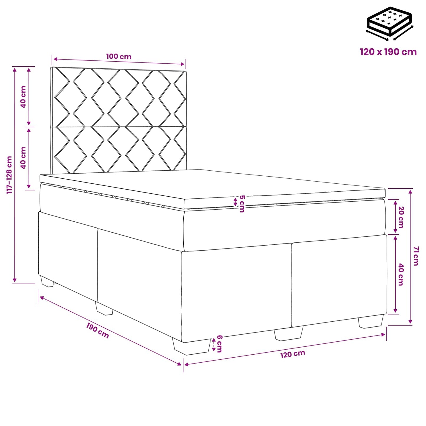 Boxmadras med topmadras Lysegrå 120 x 190 cm Stof