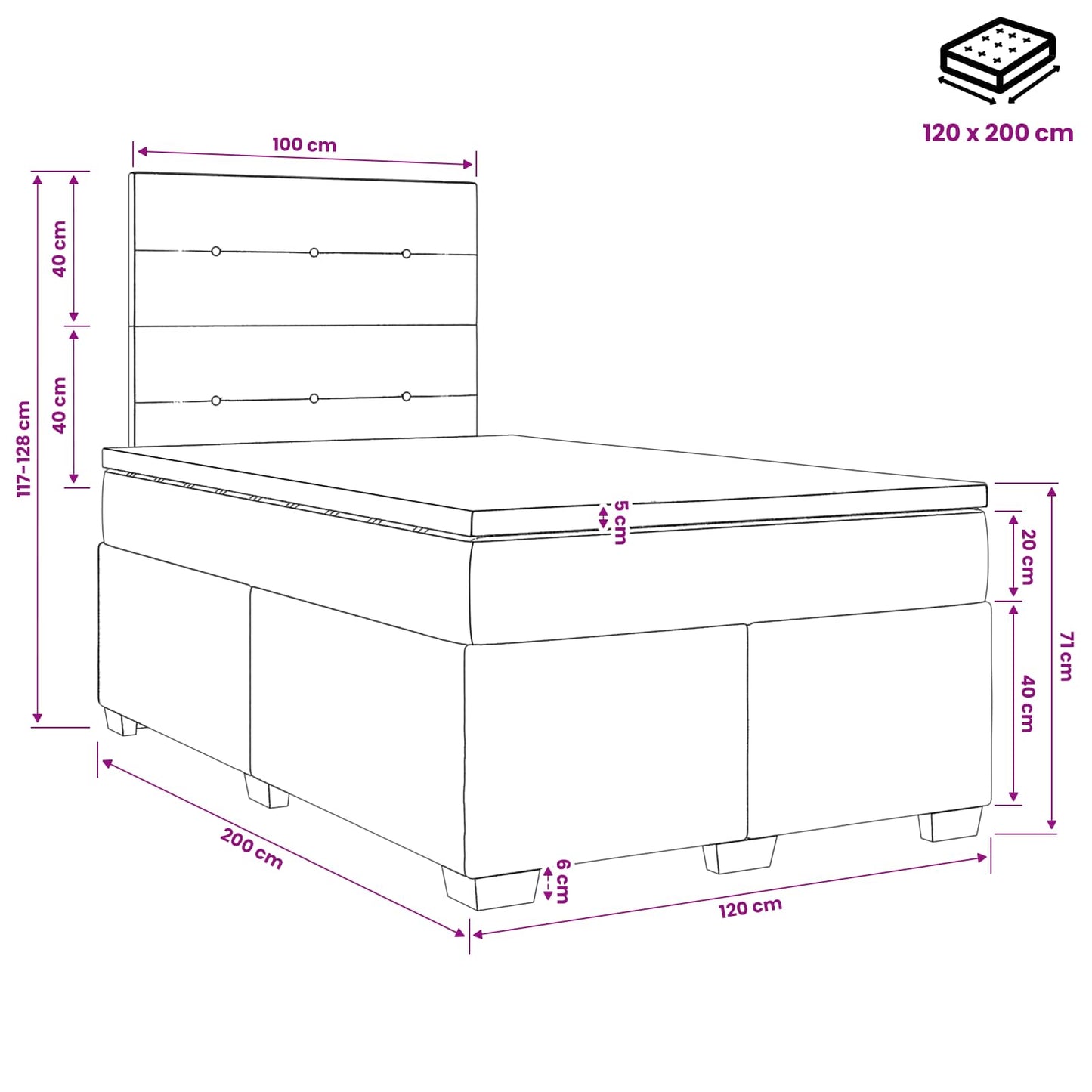 Boxmadras med topmadras med hovedgærde Sort 120 x 200 cm Stof