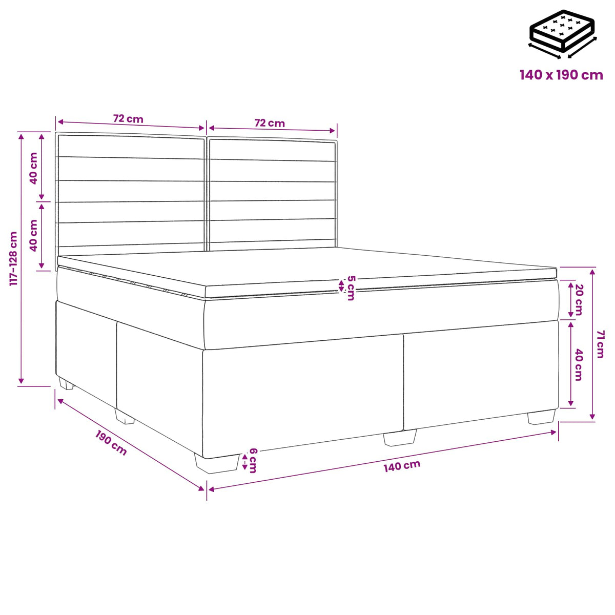 Boxmadras med topmadras Sort 140 x 190 cm Stof