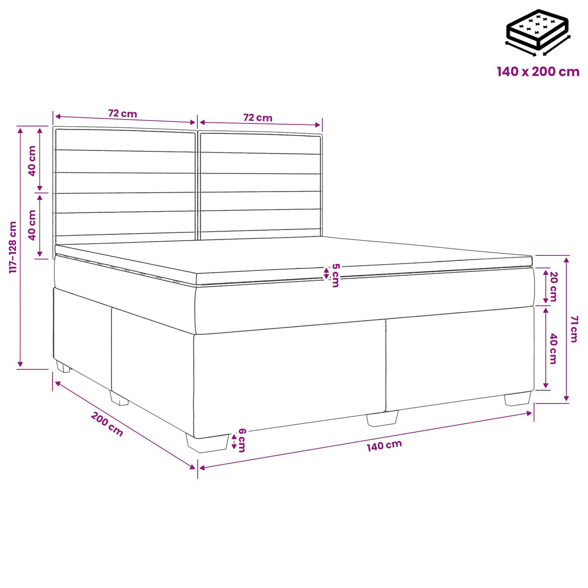 Boxmadras med topmadras Sort 140 x 200 cm Stof