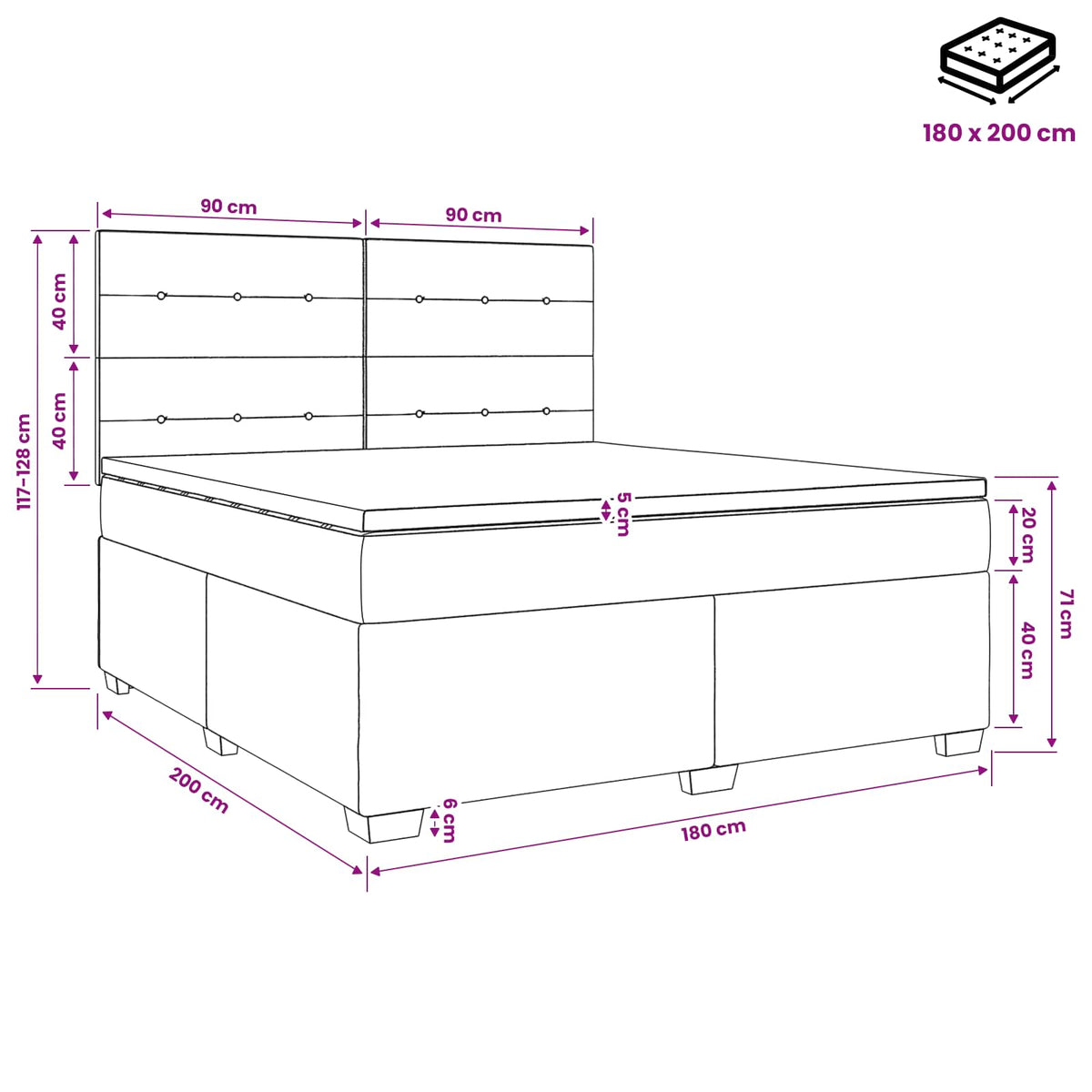 Boxmadras med topmadras Sort 180 x 200 cm Stof