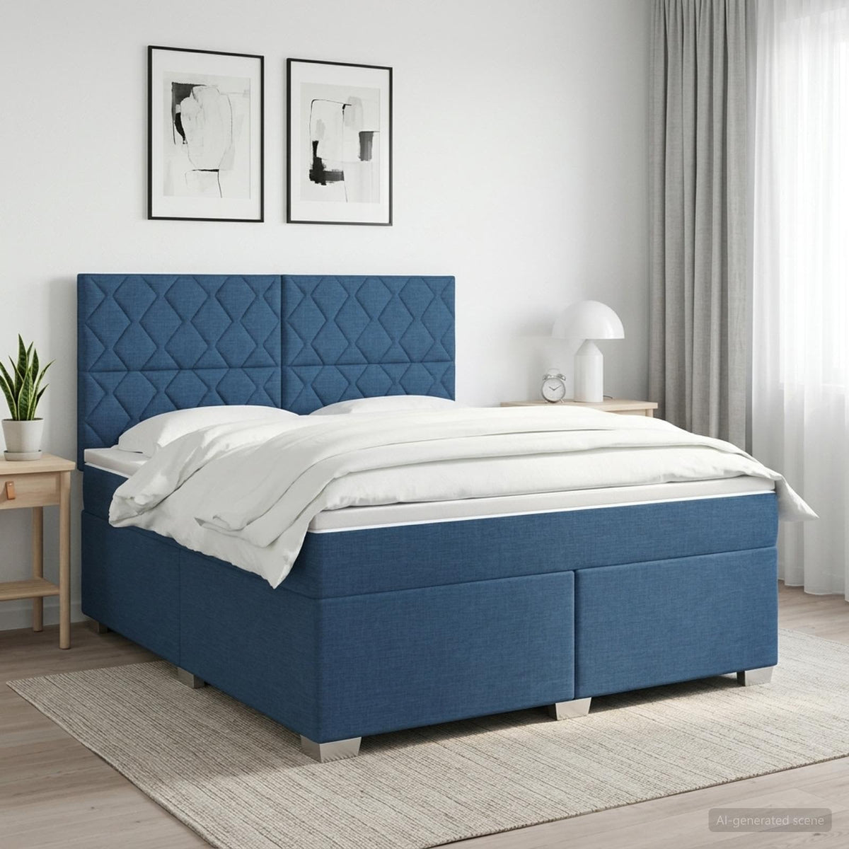 Boxmadras med topmadras med hovedgærde Blå 160 x 200 cm Stof