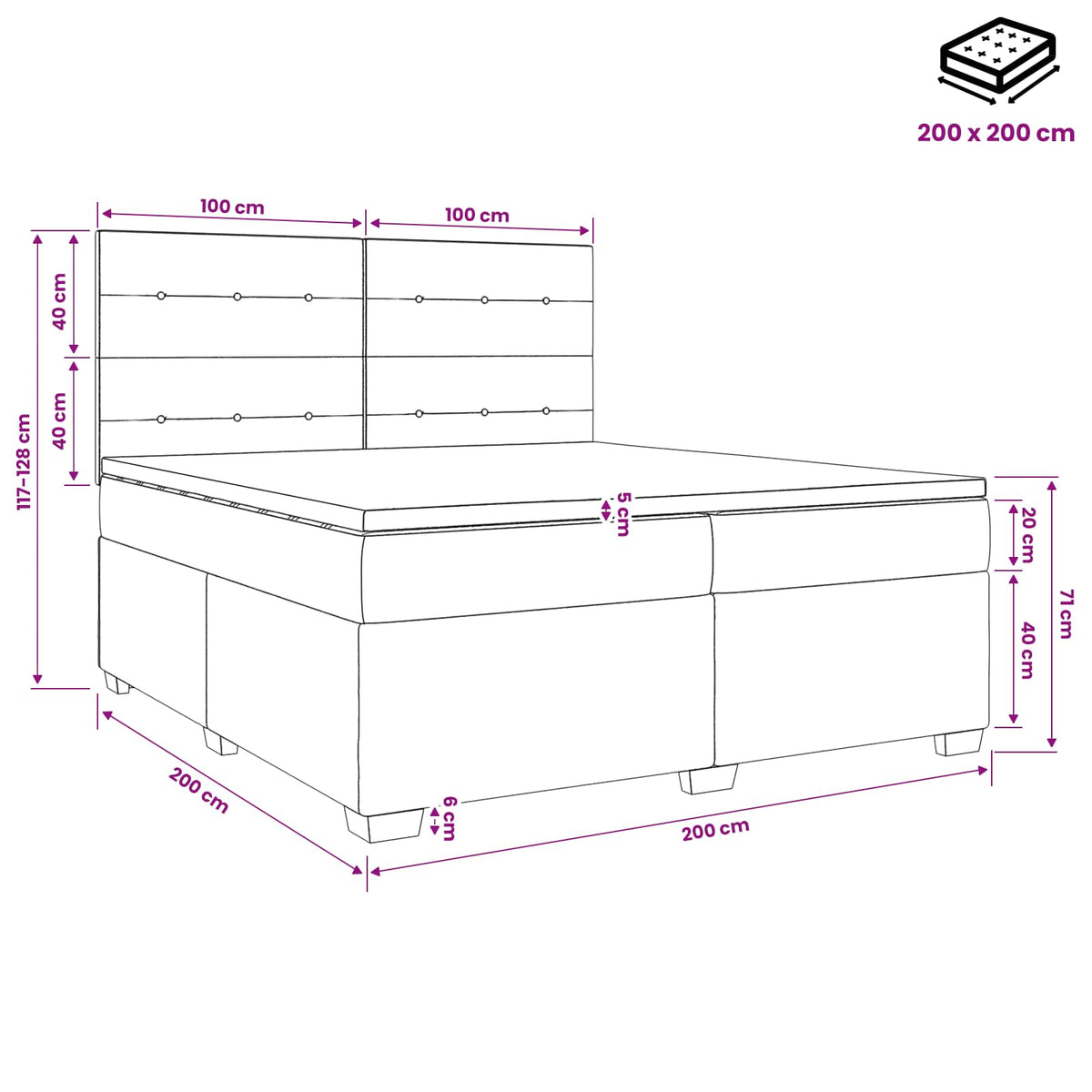 Boxmadras med topmadras Mørkegrå 200 x 200 cm Stof