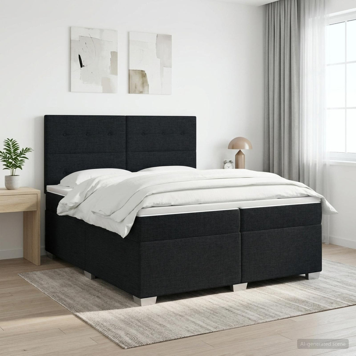 Boxmadras med topmadras med hovedgærde Sort 200 x 200 cm Stof