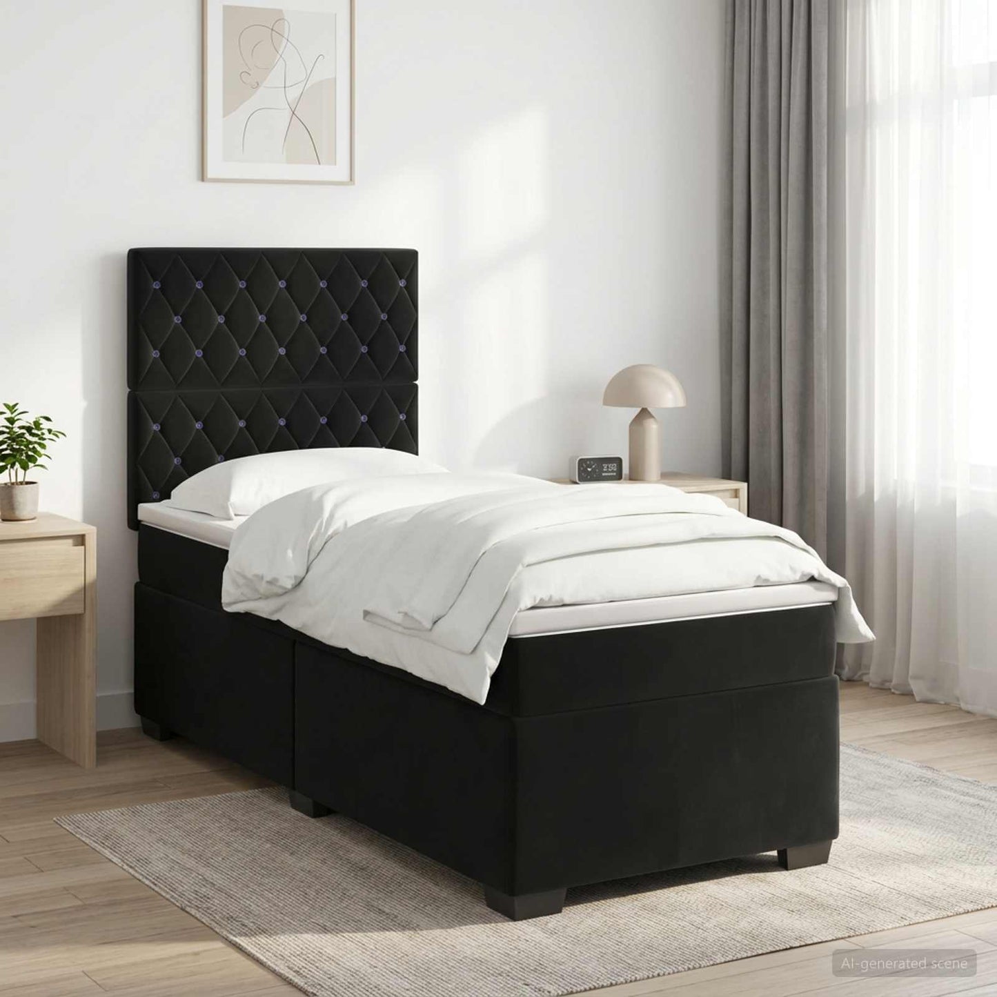 Boxmadras med topmadras med hovedgærde Sort 100 x 200 cm Fløjl