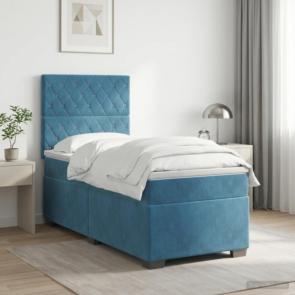 Boxmadras med topmadras med hovedgærde Blå 80 x 200 cm Fløjl
