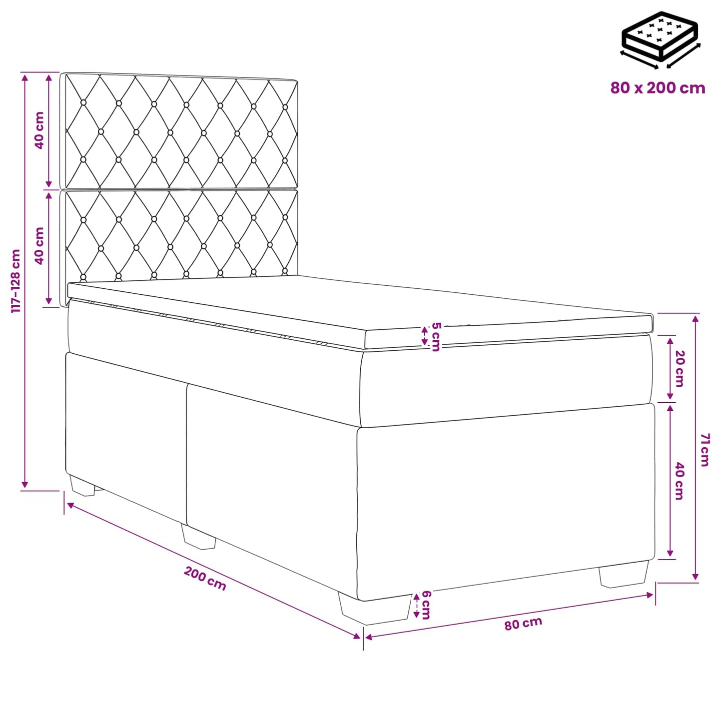 Boxmadras med topmadras med hovedgærde Blå 80 x 200 cm Fløjl