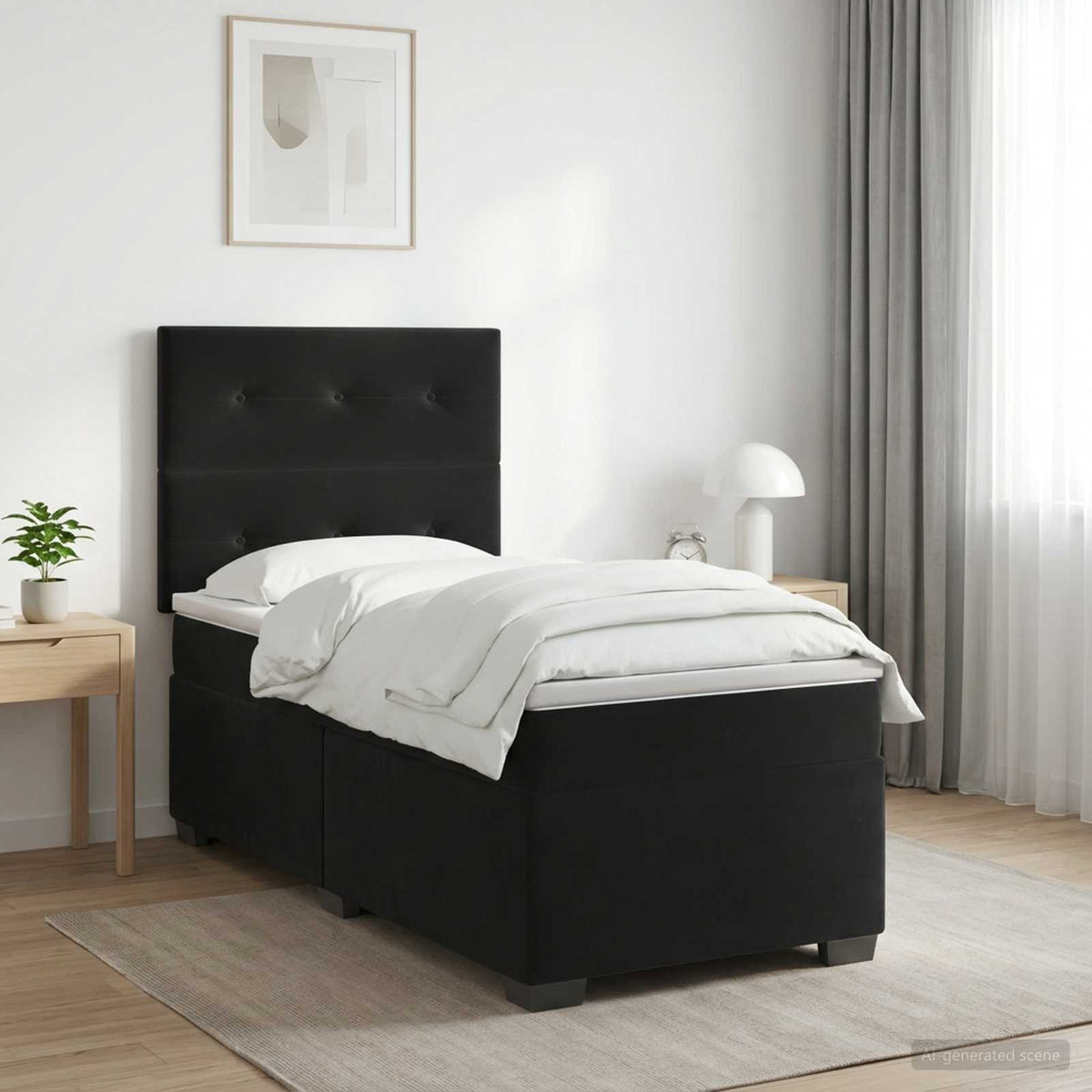 Boxmadras med topmadras med hovedgærde Sort 90 x 190 cm Fløjl