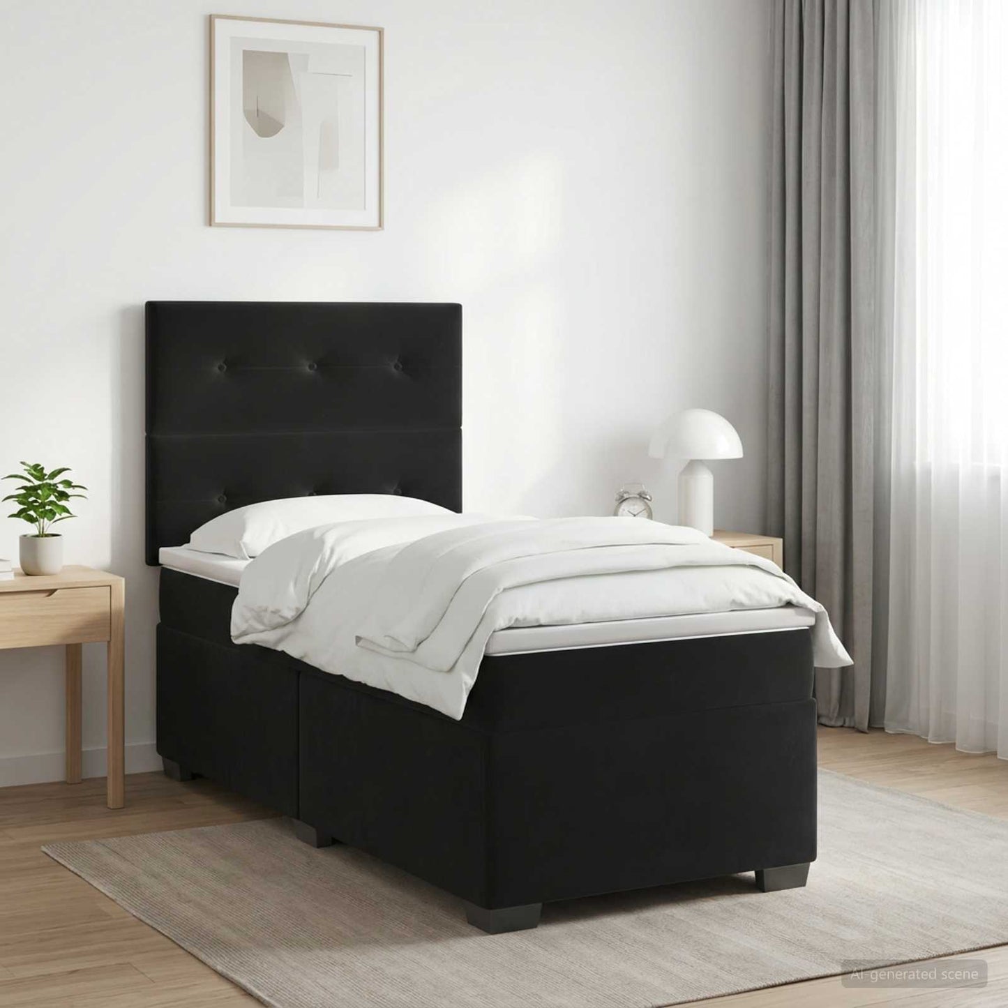 Boxmadras med topmadras med hovedgærde Sort 100 x 200 cm Fløjl