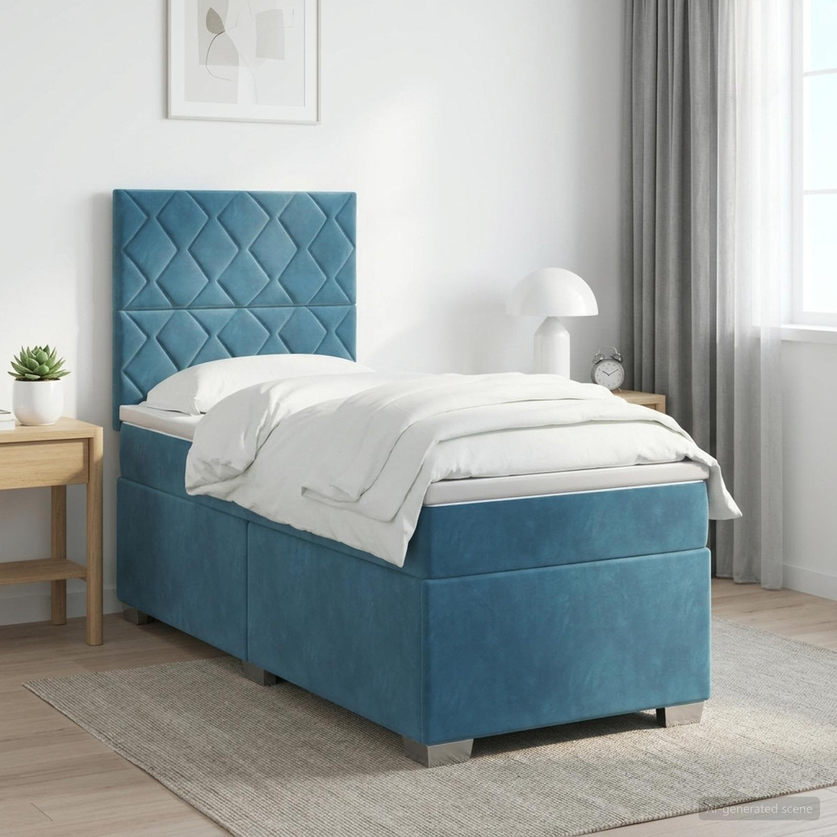 Boxmadras med topmadras med hovedgærde Blå 90 x 200 cm Fløjl