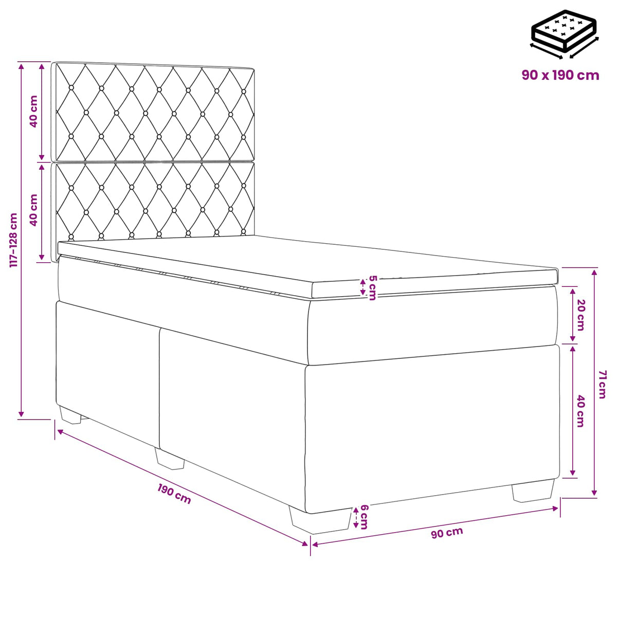 Boxmadras med topmadras med hovedgærde Sort 90 x 190 cm Fløjl