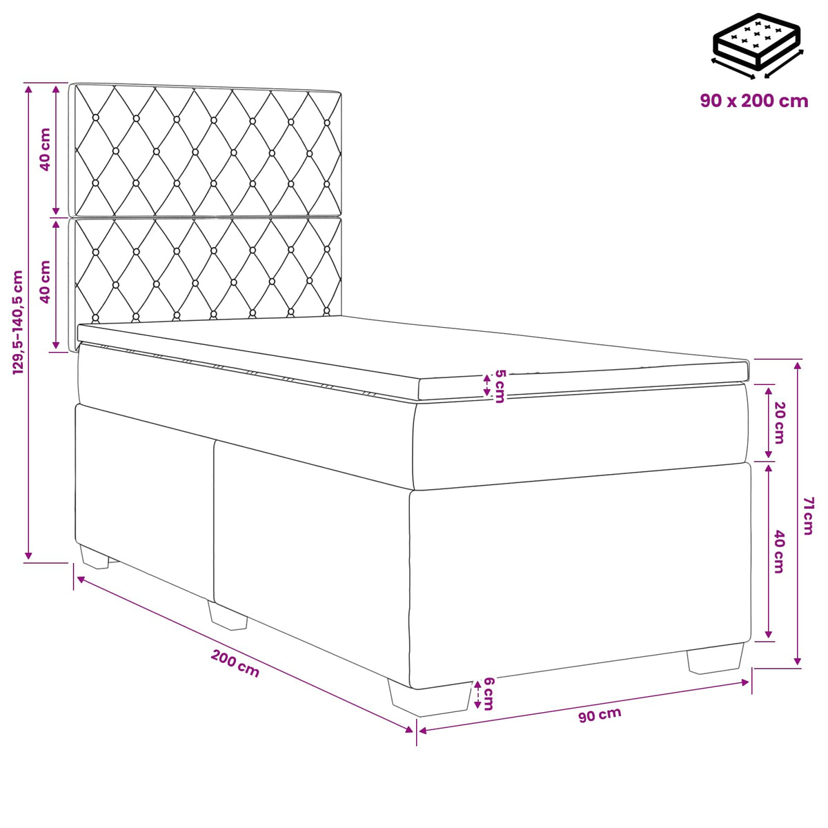 Boxmadras med topmadras med hovedgærde Sort 90 x 200 cm Fløjl