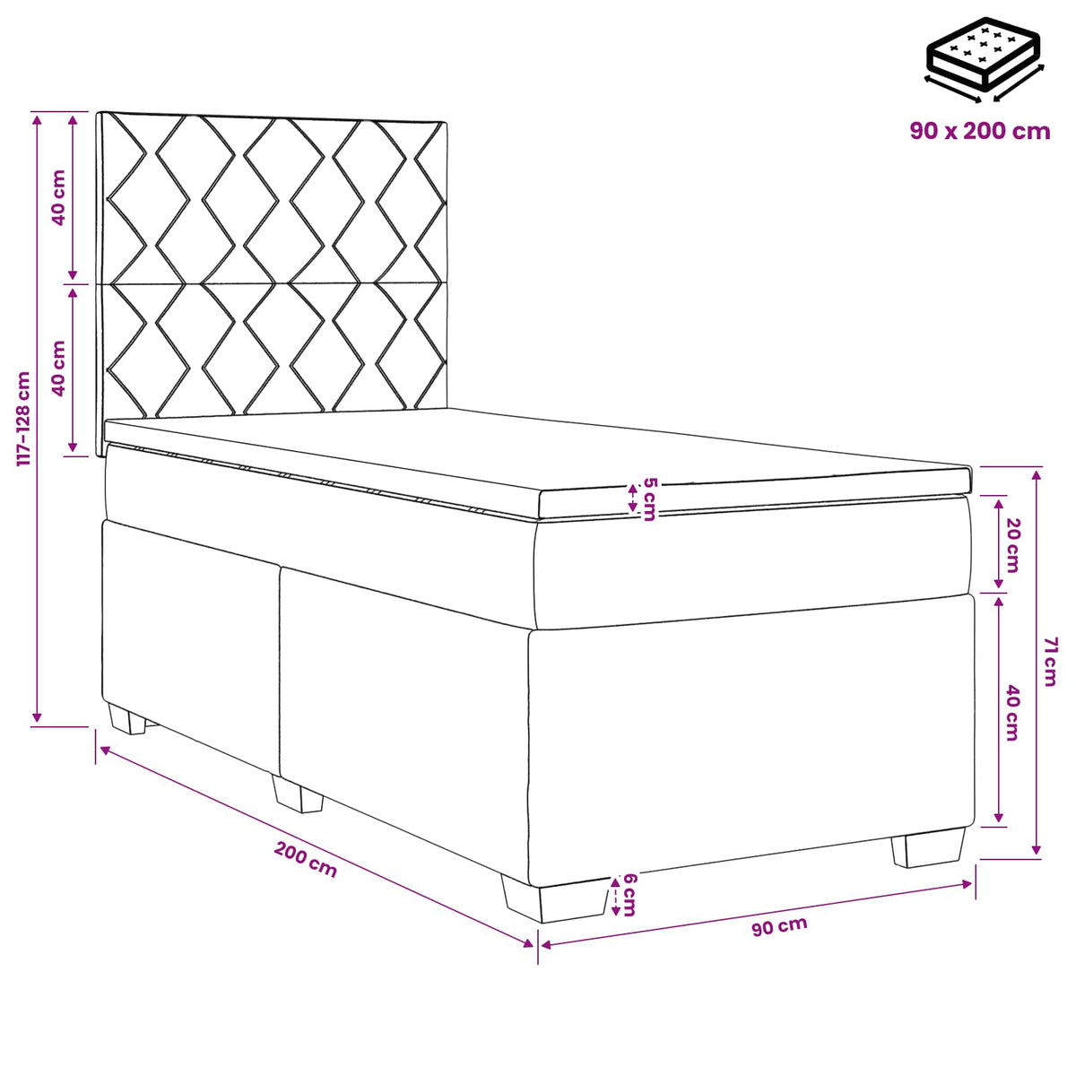 Boxmadras med topmadras med hovedgærde Sort 90 x 200 cm Fløjl