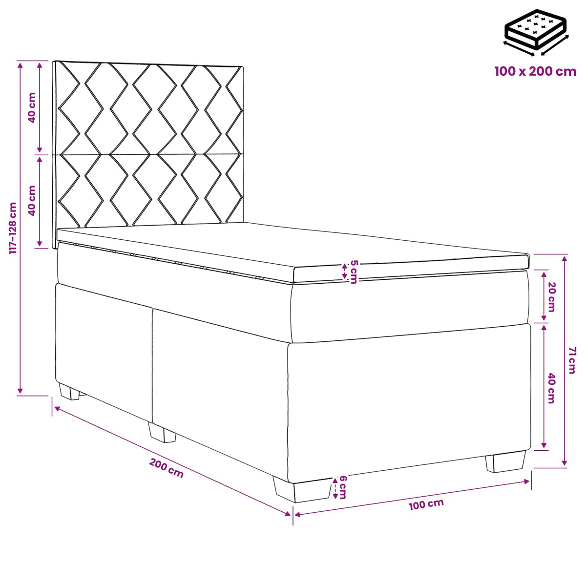 Boxmadras med topmadras med hovedgærde Sort 100 x 200 cm Fløjl