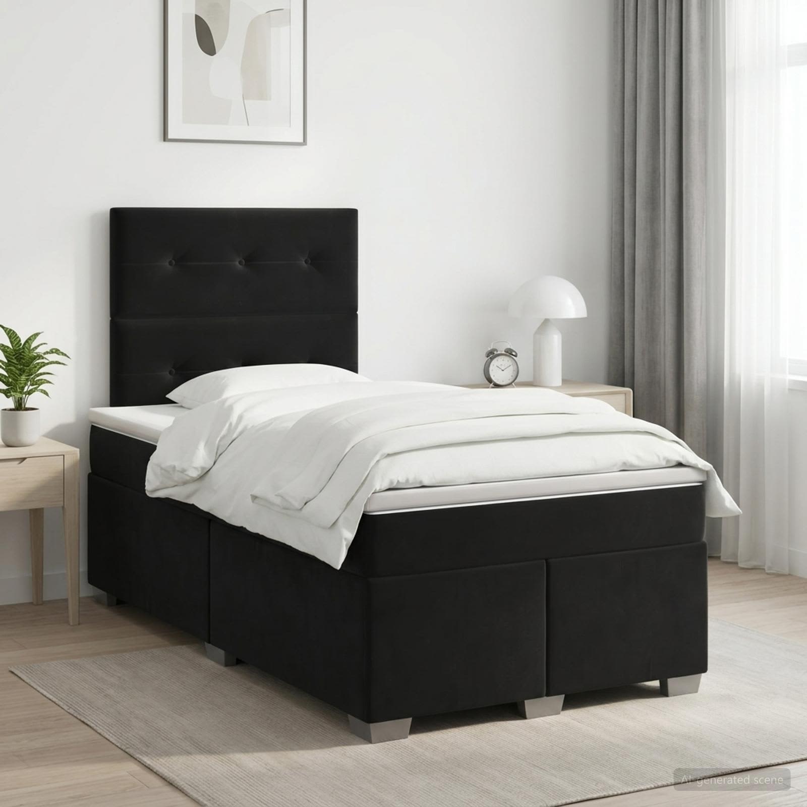 vidaXL Boxmadras med topmadras med hovedgærde Sort 120 x 190 cm Fløjl
