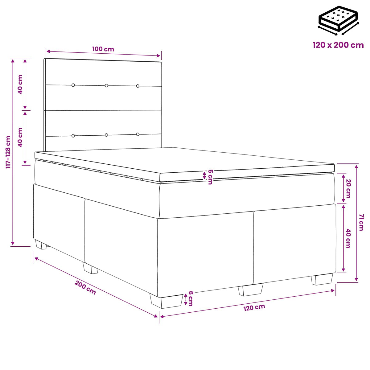 Boxmadras med topmadras Lyserød 120 x 200 cm Fløjl