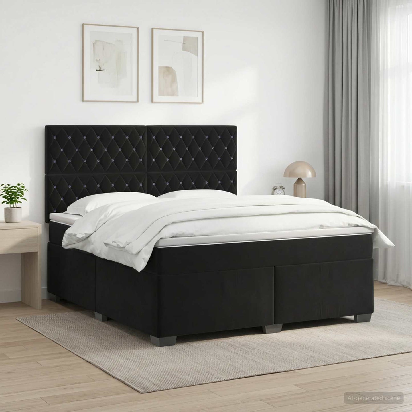 Boxmadras med topmadras med hovedgærde Sort 140 x 200 cm Fløjl