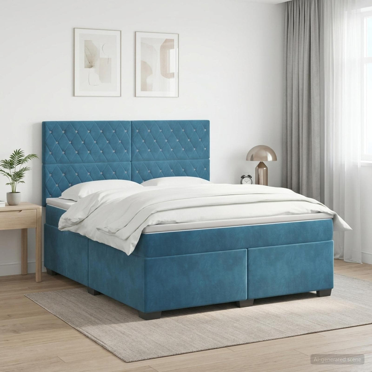 Boxmadras med topmadras med hovedgærde Blå 140 x 200 cm Fløjl