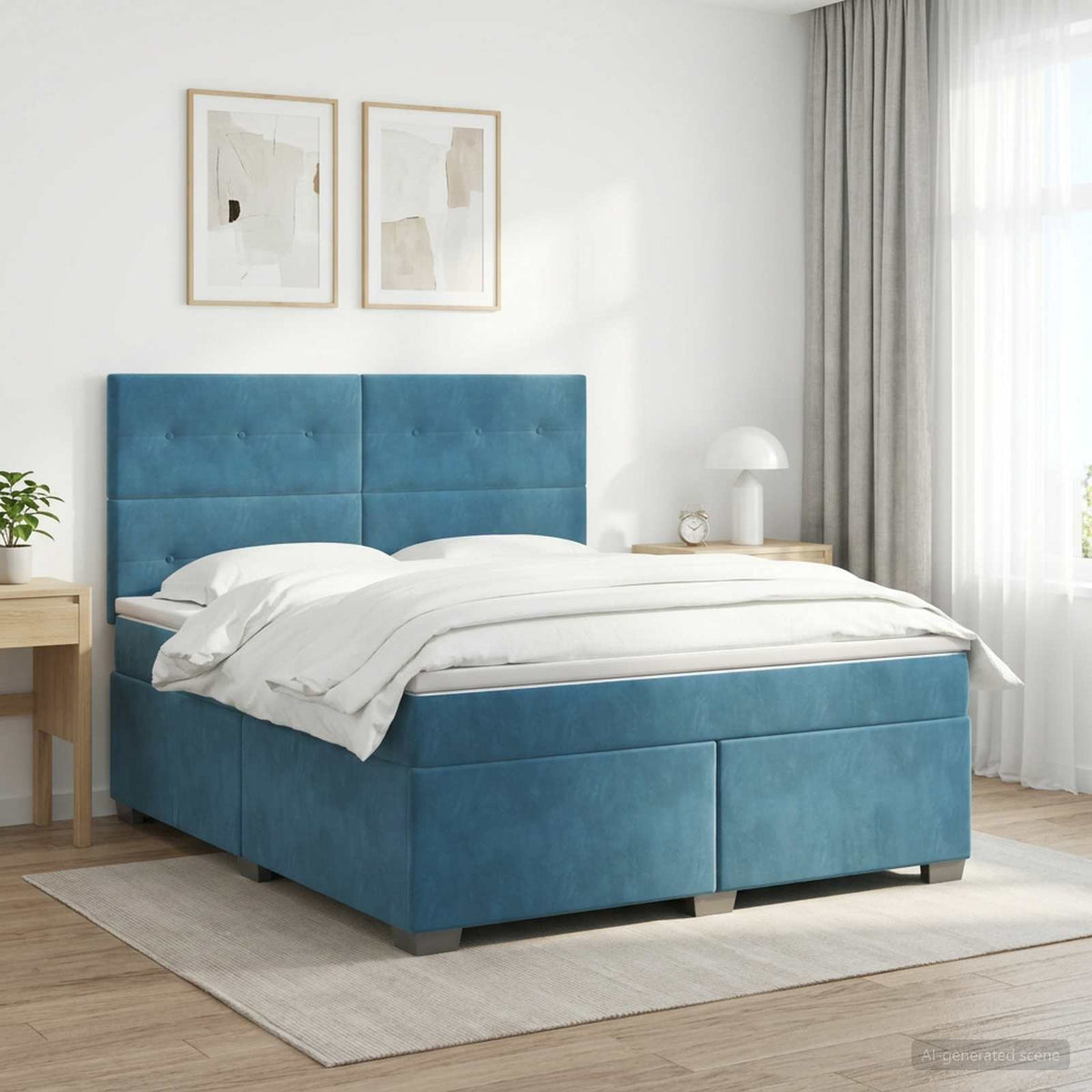 Boxmadras med topmadras med hovedgærde Blå 140 x 200 cm Fløjl
