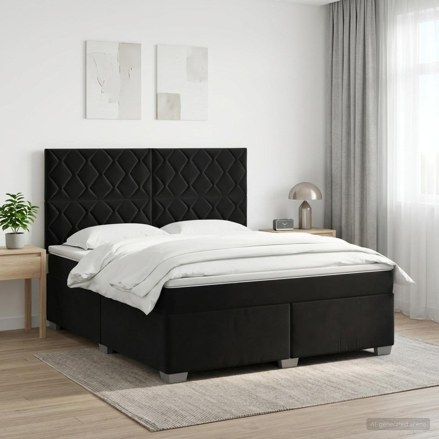 Boxmadras med topmadras med hovedgærde Sort 180 x 200 cm Fløjl