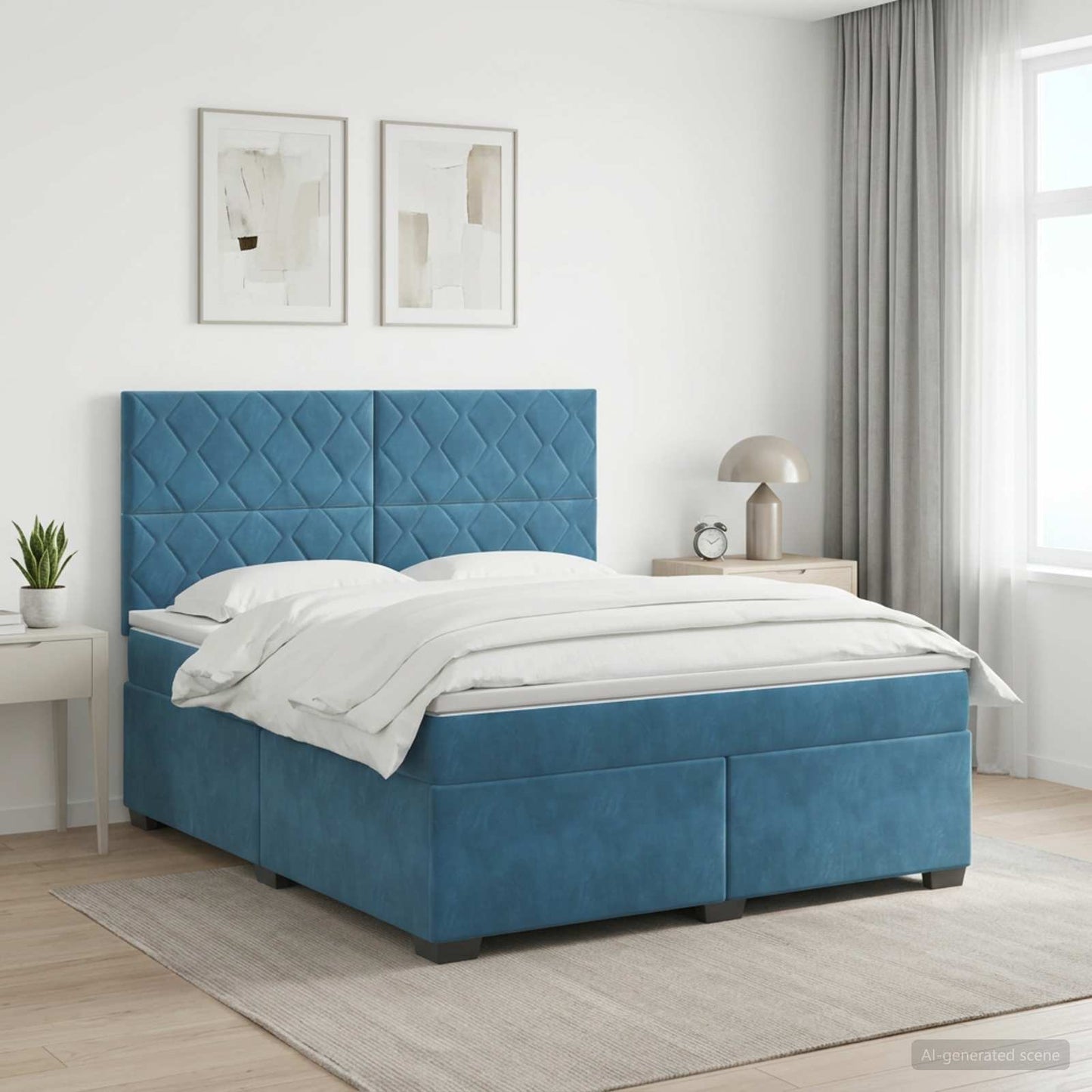 Boxmadras med topmadras med hovedgærde Blå 140 x 190 cm Fløjl