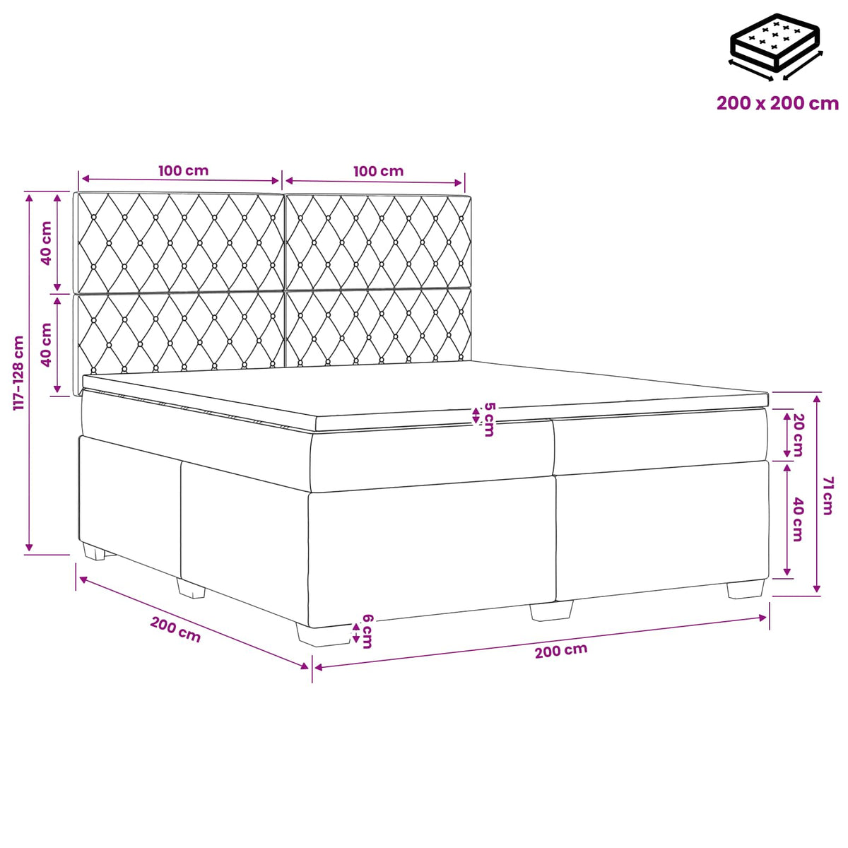Boxmadras med topmadras Mørkegrå 200 x 200 cm Fløjl