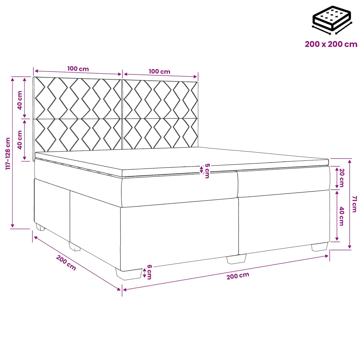 Boxmadras med topmadras Lysegrå 200 x 200 cm Fløjl