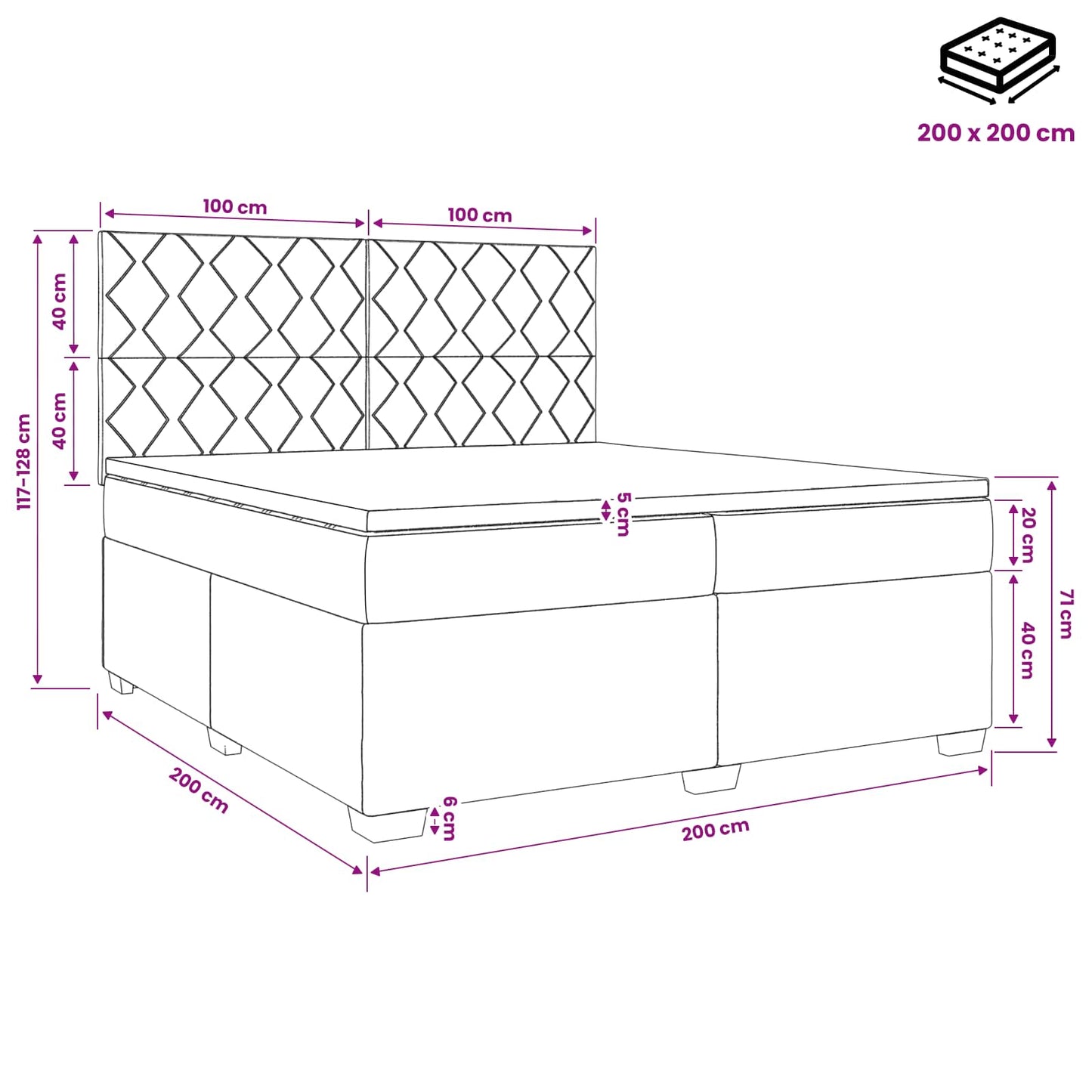 Boxmadras med topmadras Mørkegrå 200 x 200 cm Fløjl