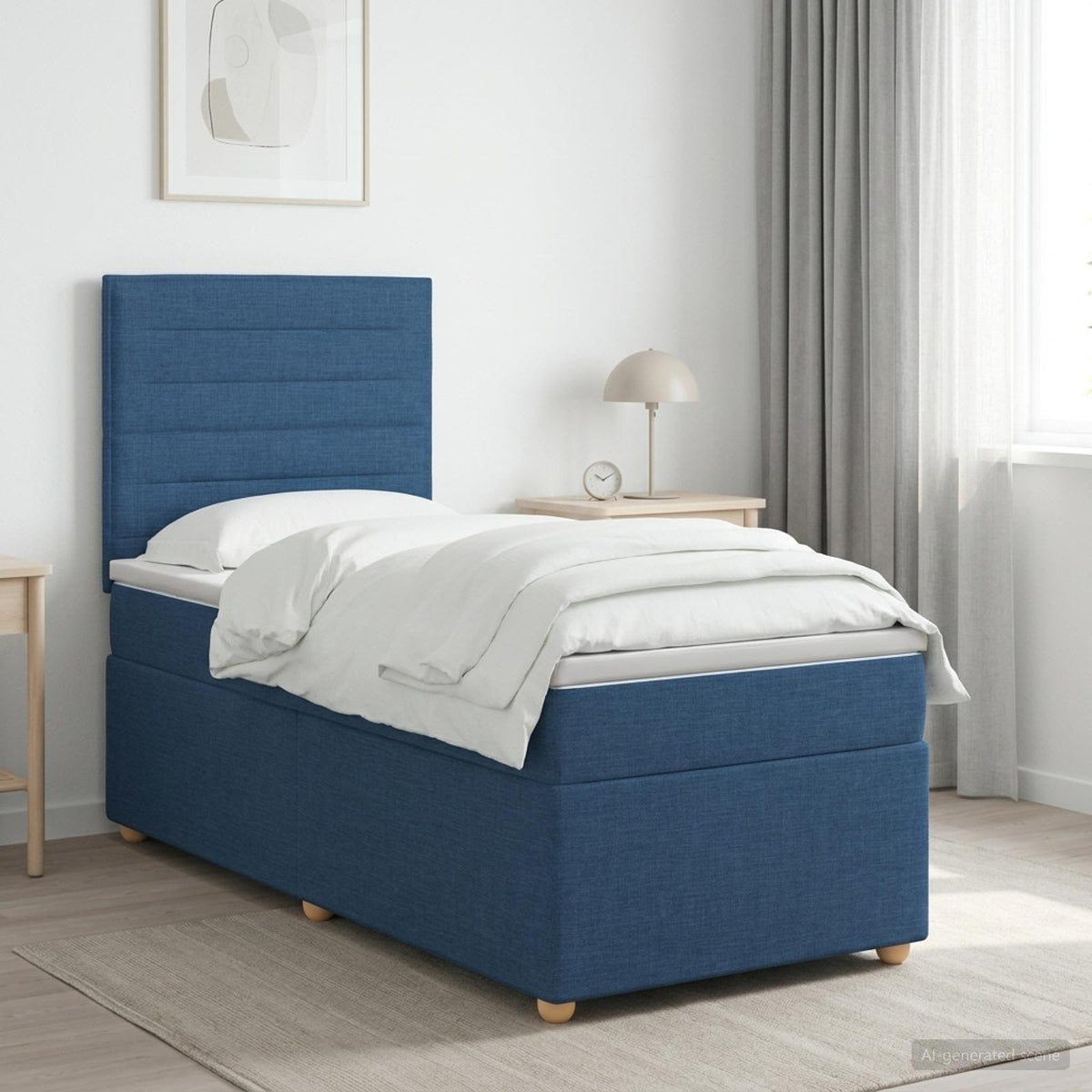 Boxmadras med topmadras med hovedgærde Blå 90 x 190 cm Stof