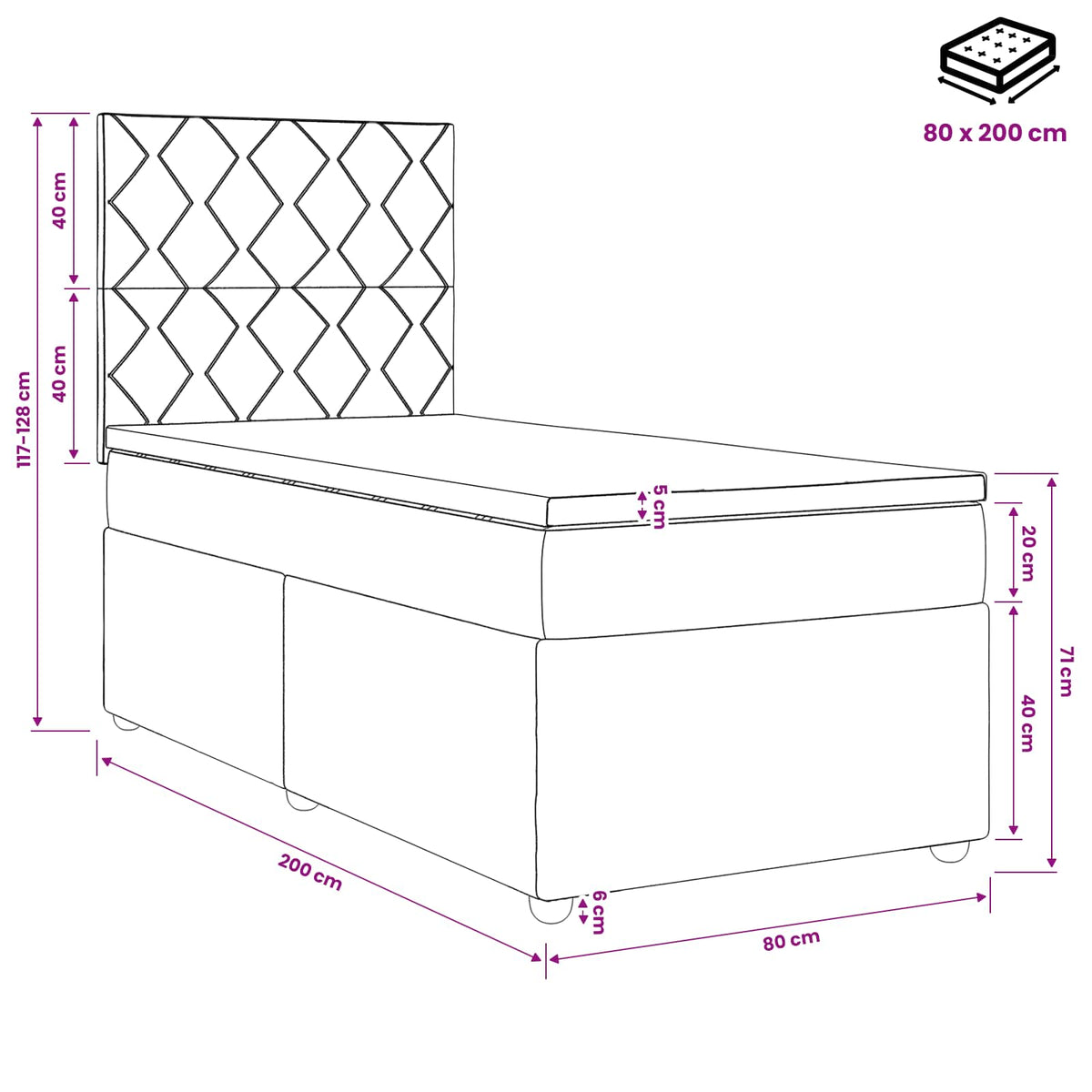 Boxmadras med topmadras Mørkegrå 80 x 200 cm Stof