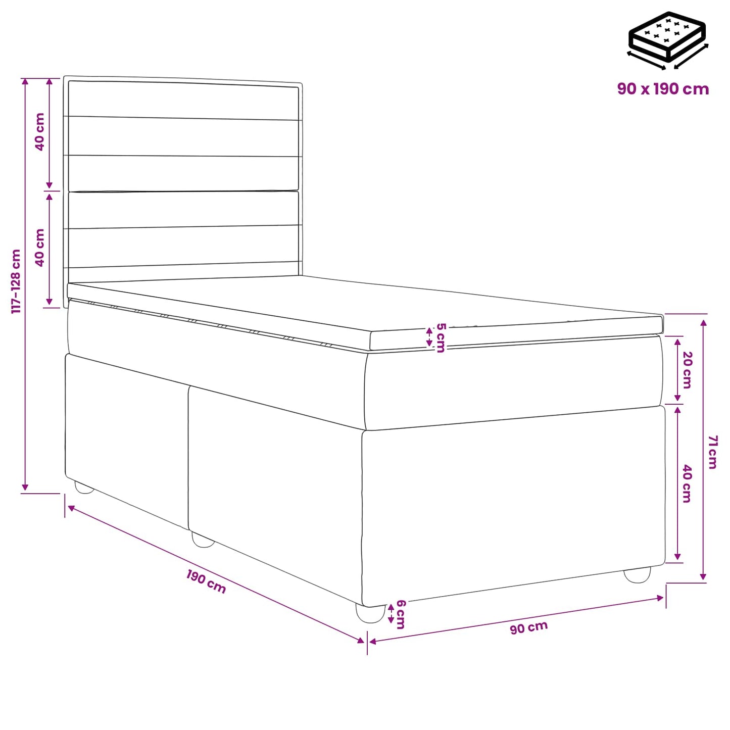 Boxmadras med topmadras med hovedgærde Sort 90 x 190 cm Stof