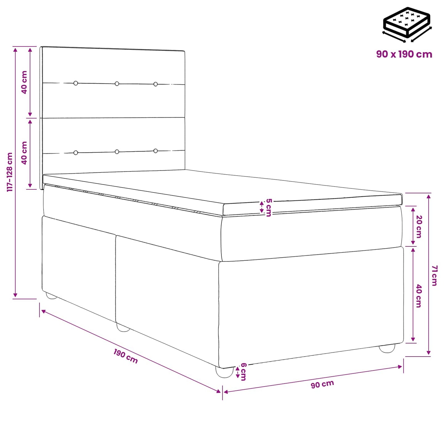 Boxmadras med topmadras med hovedgærde Blå 90 x 190 cm Stof