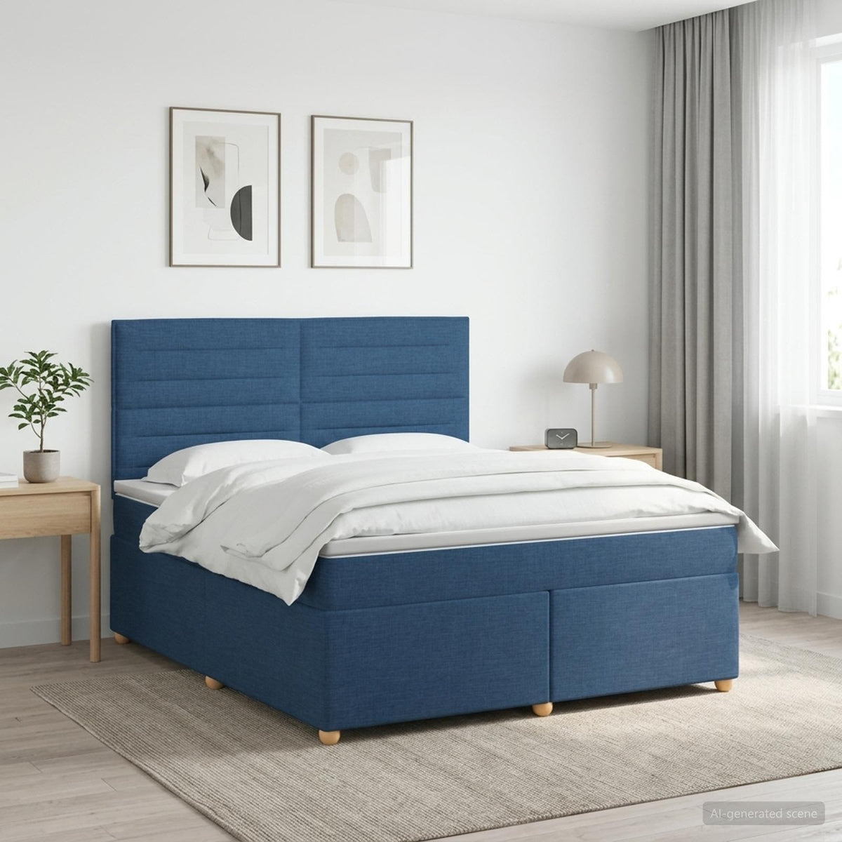 Boxmadras med topmadras med hovedgærde Blå 180 x 200 cm Stof