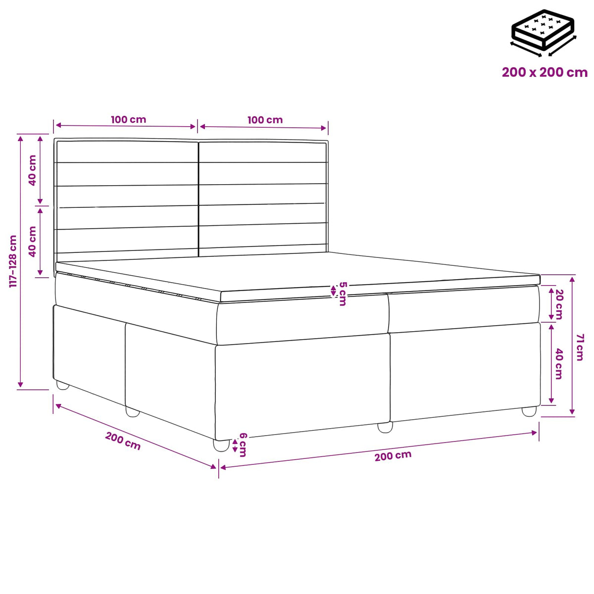 Boxmadras med topmadras Mørkegrå 200 x 200 cm Stof