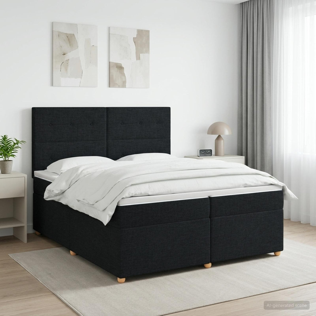 Boxmadras med topmadras med hovedgærde Sort 200 x 200 cm Stof