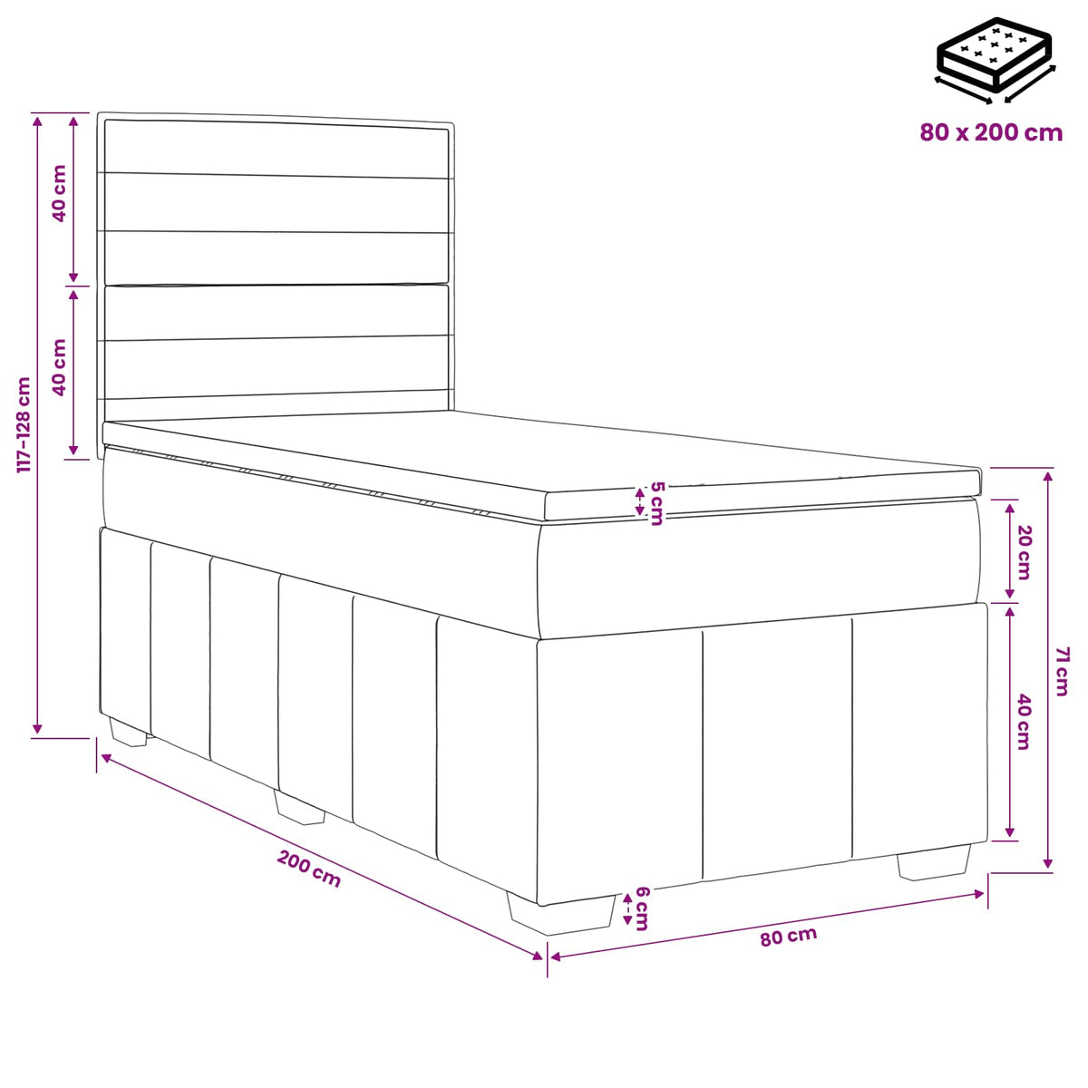 Boxmadras med topmadras Mørkegrå 80 x 200 cm Stof