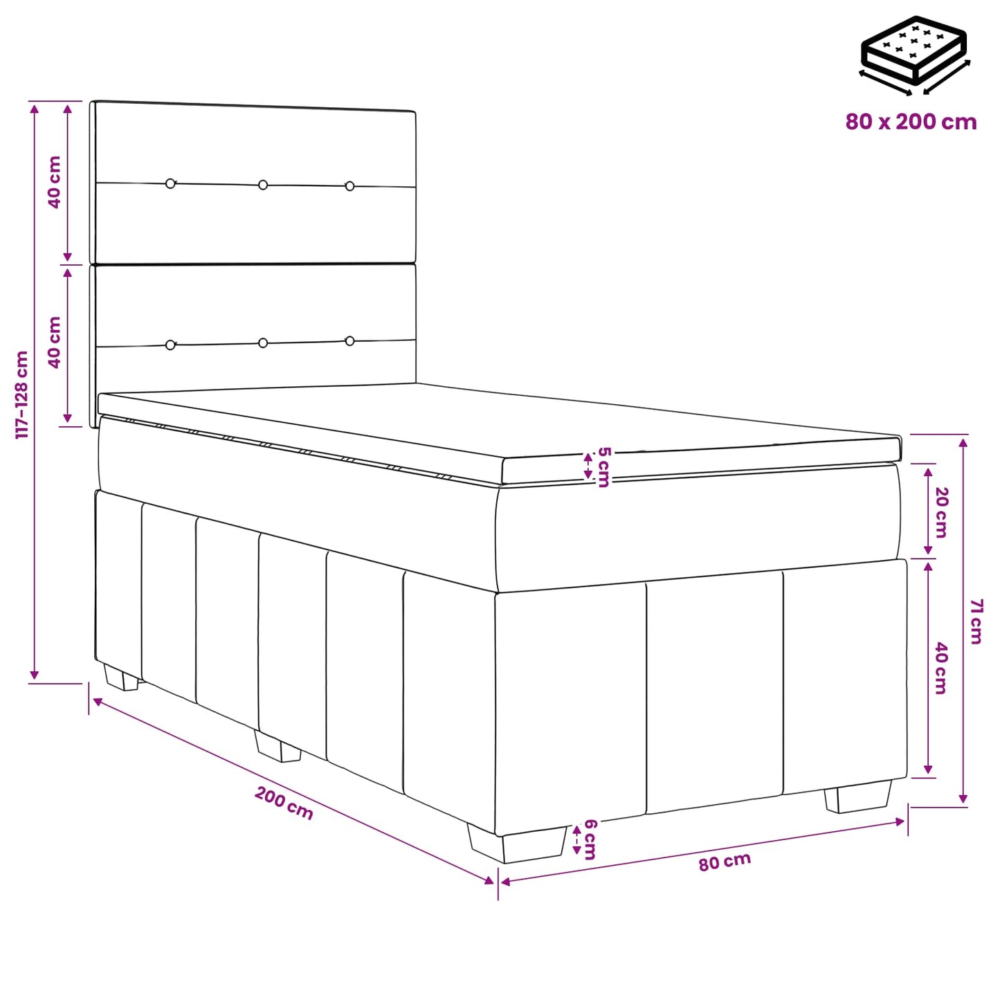 Boxmadras med topmadras Mørkegrå 80 x 200 cm Stof