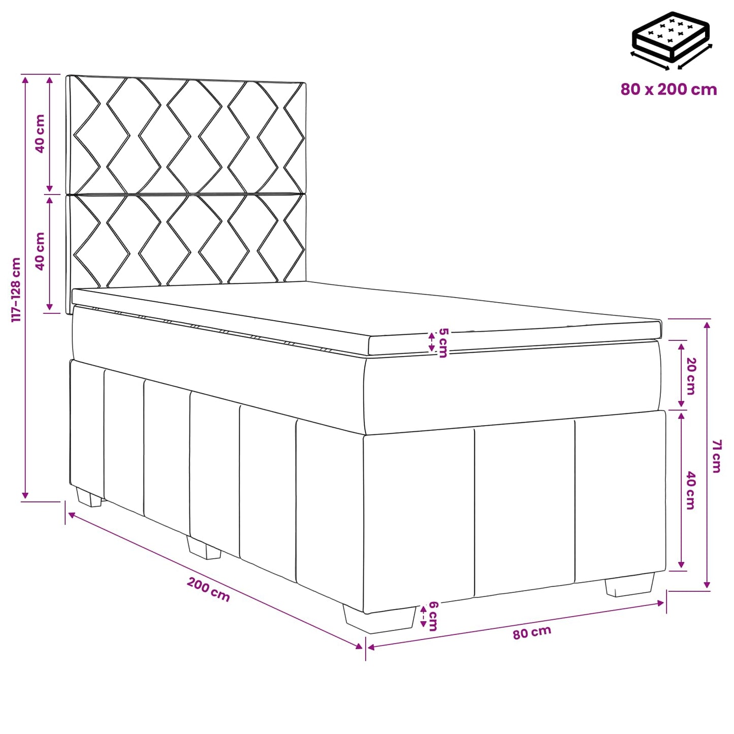 Boxmadras med topmadras Mørkegrå 80 x 200 cm Stof